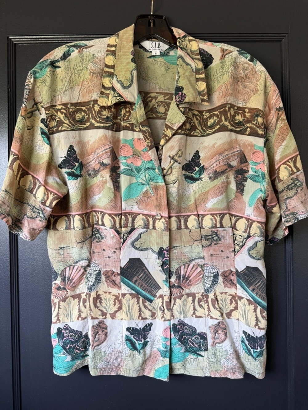 S.L.B. Women’s SILK Vintage Short-Sleeve Button-Down Shirt w/Botanical Print